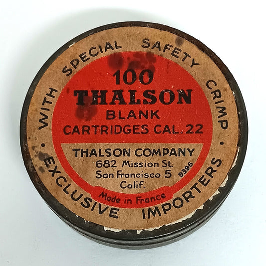 Antique Thalson Company Cartridge Canister metal with paper label EMPTY