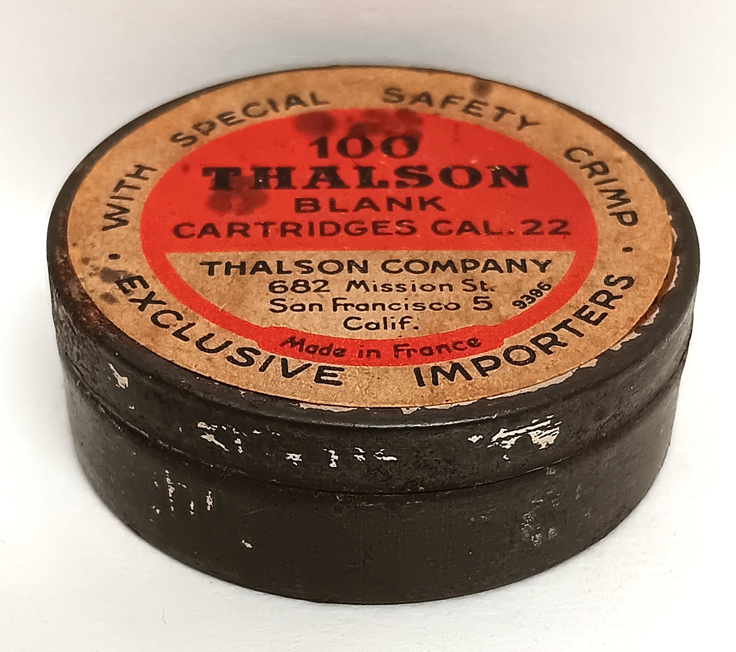 Antique Thalson Company Cartridge Canister metal with paper label EMPTY