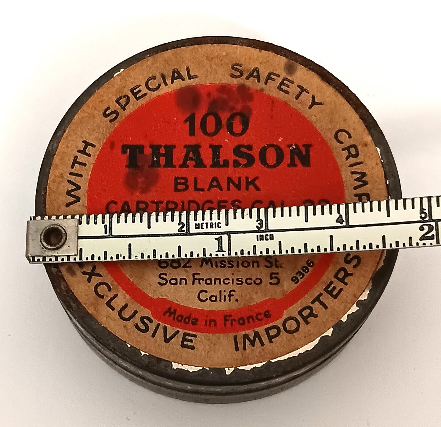 Antique Thalson Company Cartridge Canister metal with paper label EMPTY