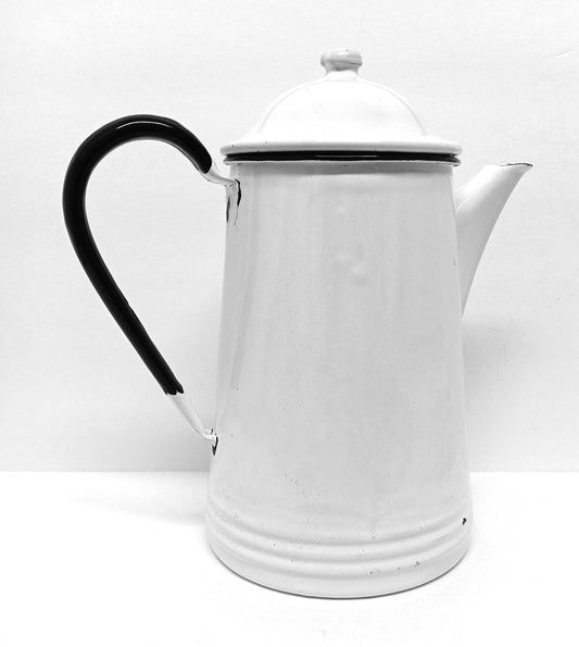 Vintage Enamel White Black Blue Coffee Tea Pitcher with Lid As-Is