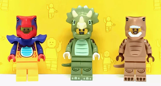 Lego City Set 60380 Comic Store Visitor, Series 25 Triceratops, and Series 24 T Rex Costumes Suits