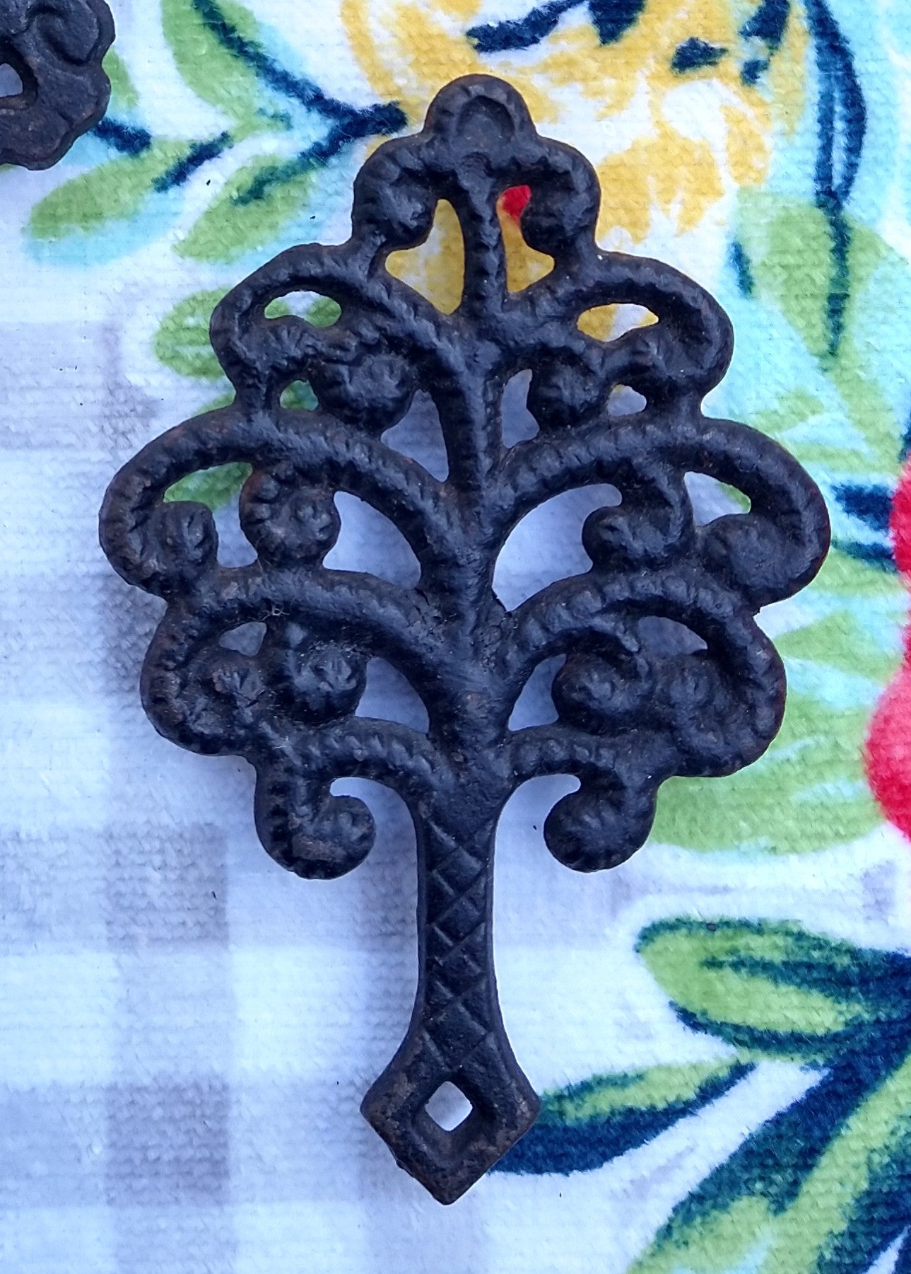 Set of 2 Small Cast Iron Black Trivets Tree Fruit Floral Scrolls