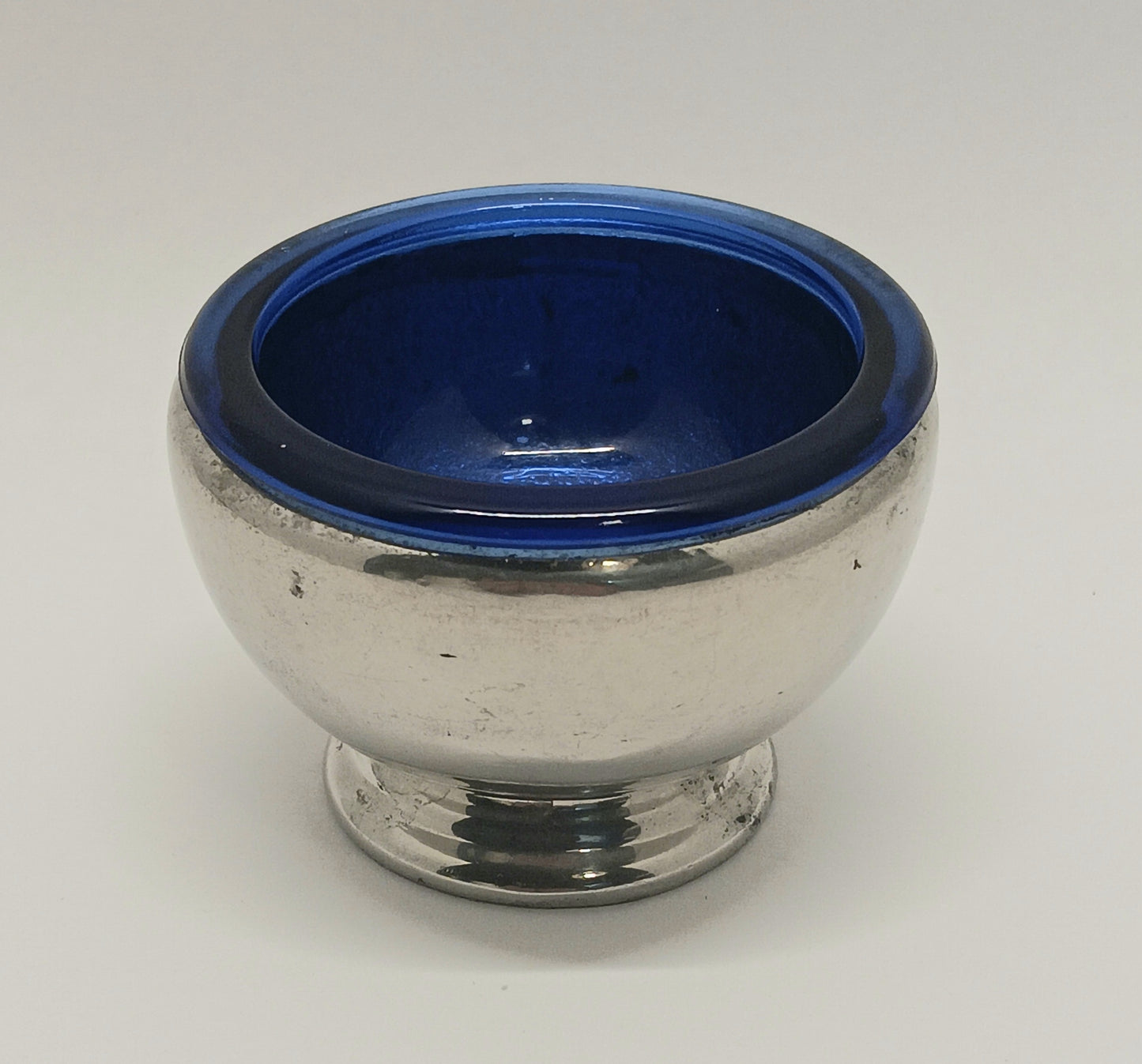 Vintage Mayflower Pewter Co Salt Dish Cellar Cobalt Blue Insert