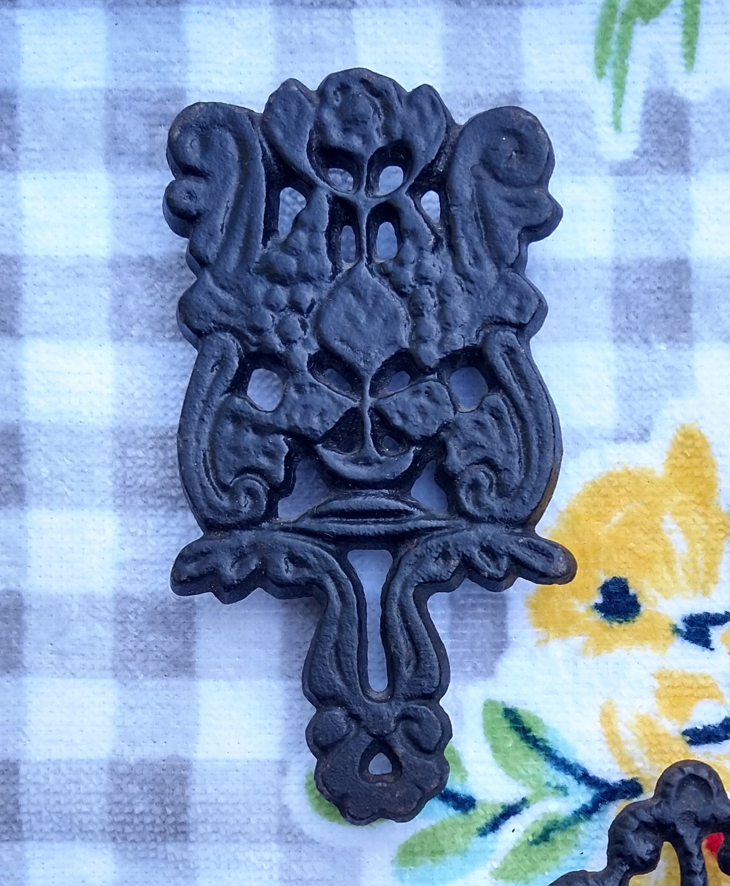 Set of 2 Small Cast Iron Black Trivets Tree Fruit Floral Scrolls