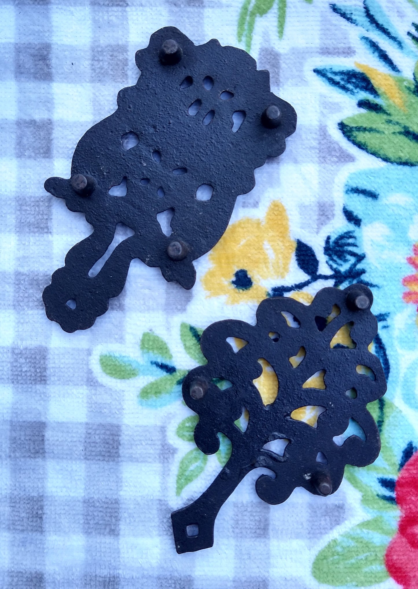 Set of 2 Small Cast Iron Black Trivets Tree Fruit Floral Scrolls